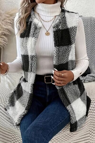 Manteau Gilet Sans Manches Ouvert sur le Devant en Plaid