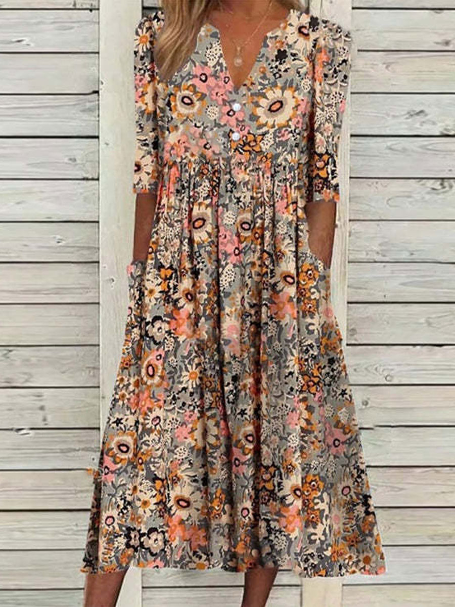 Delia - Robe midi d'été à manches courtes avec imprimé floral