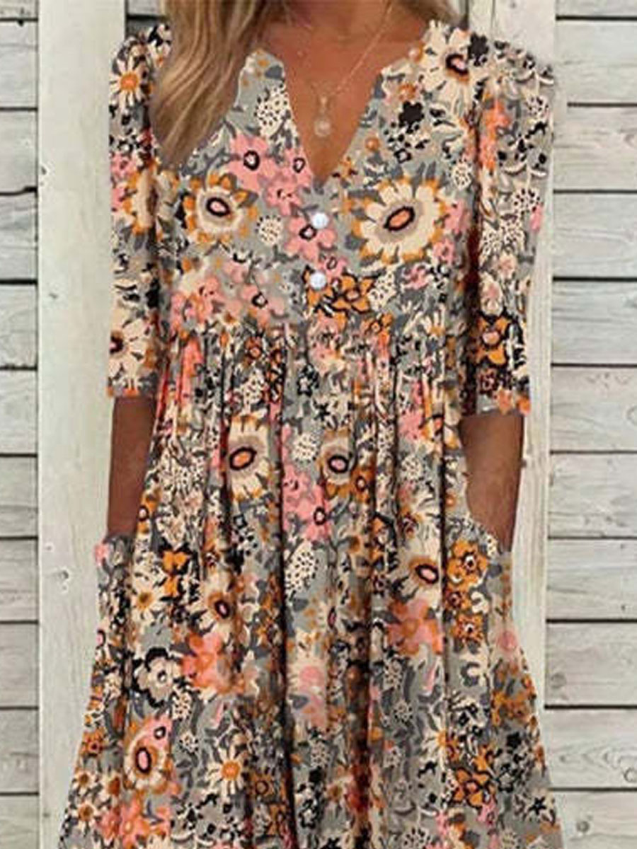 Delia - Robe midi d'été à manches courtes avec imprimé floral