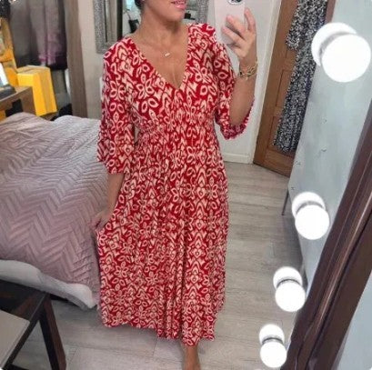 Karen - Robe longue bohème décontractée avec décolleté en V et taille portefeuille