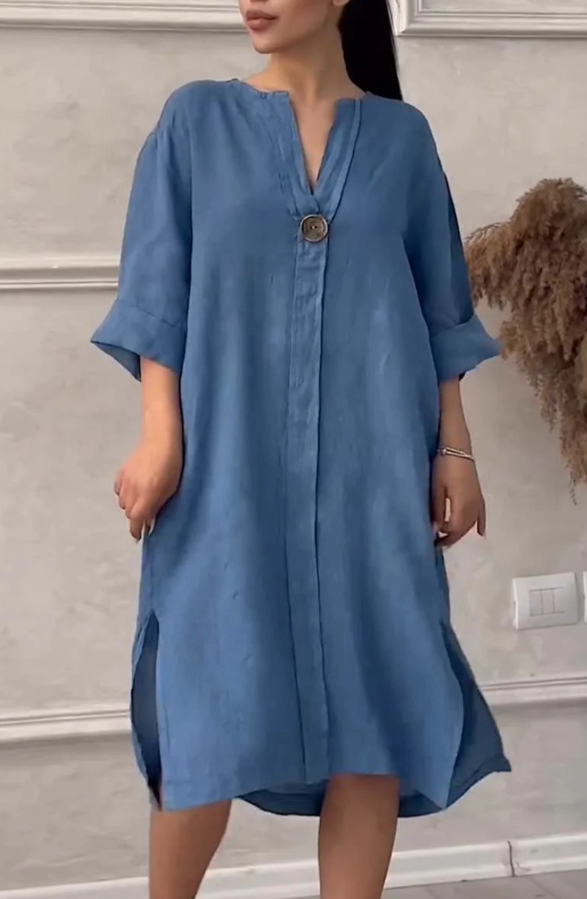 Emma - Robe décontractée en coton et lin boutonné