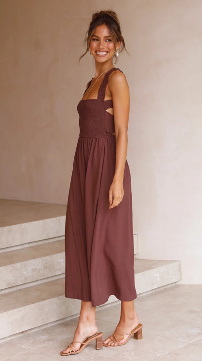 Micaela – Robe Midi Minimaliste Sans Manches en Marron