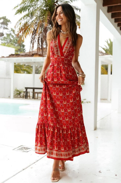 Mia - Robe longue, robe boho, robe d'été, dos nu Maia Dwarf en rose et rouge