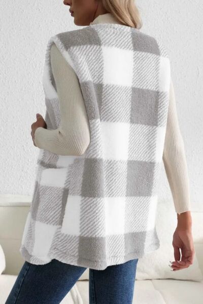 Manteau Gilet Sans Manches Ouvert sur le Devant en Plaid