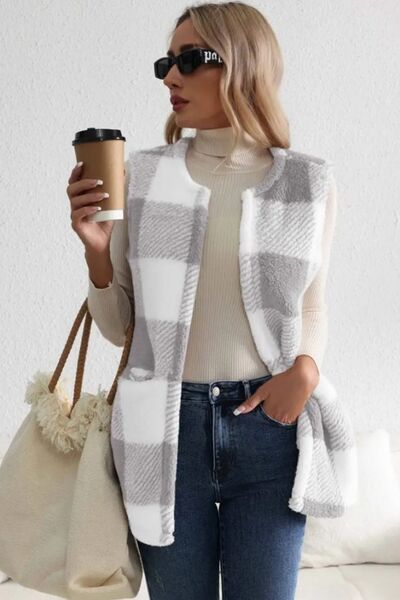 Manteau Gilet Sans Manches Ouvert sur le Devant en Plaid