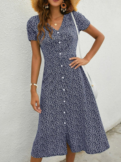 Mila - Robe midi bleu marine à manches courtes et col en V