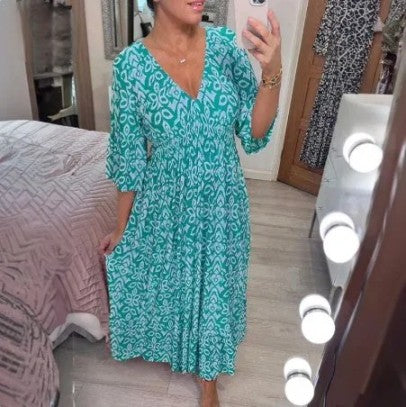 Karen - Robe longue bohème décontractée avec décolleté en V et taille portefeuille