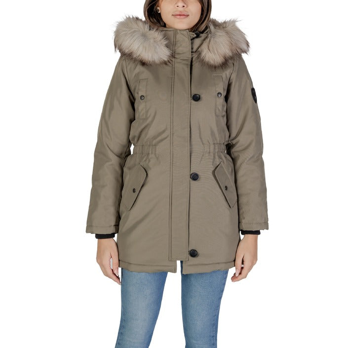 ONLY® Women's Green Hooded Jacket – Fall/Winter with Zip and Button Closure