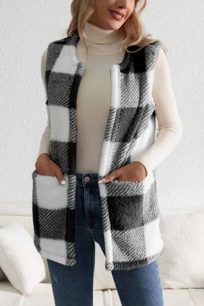 Manteau Gilet Sans Manches Ouvert sur le Devant en Plaid