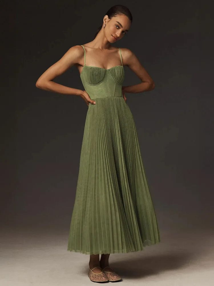 Sara - Robe midi évasée avec corsage bustier en tulle plissé