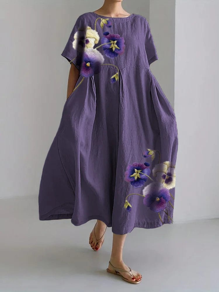 Sheyla - Classy Pansy Flowers Robe longue brodée en lin mélangé