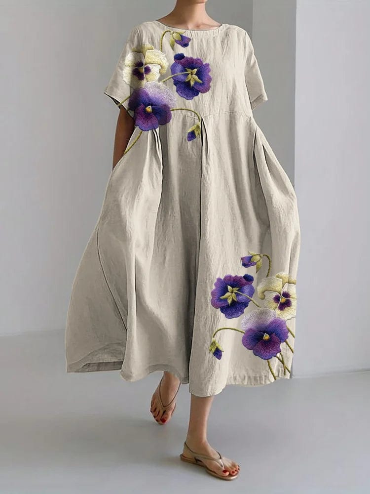 Sheyla - Classy Pansy Flowers Robe longue brodée en lin mélangé