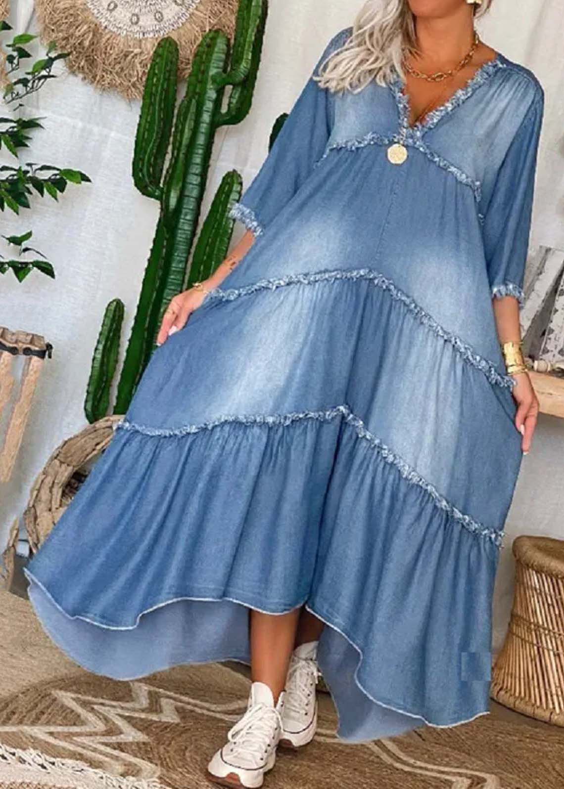 Lola - robe longue en denim à col V, patchwork et pompons, demi-manches, marine chic