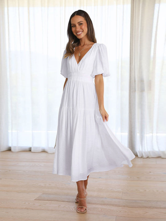 Lea - Robes d'été pour femmes avec style de vacances avancé, décolleté en V profond et manches bouffantes