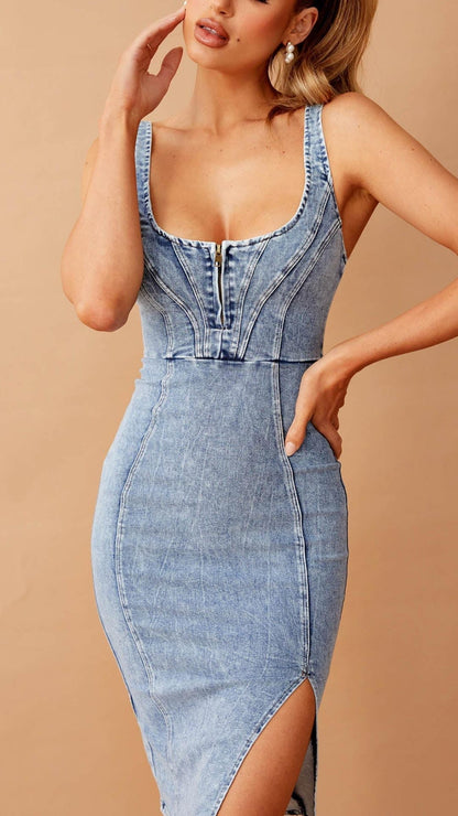 Robe midi en denim fendue et surpiquée Toperth