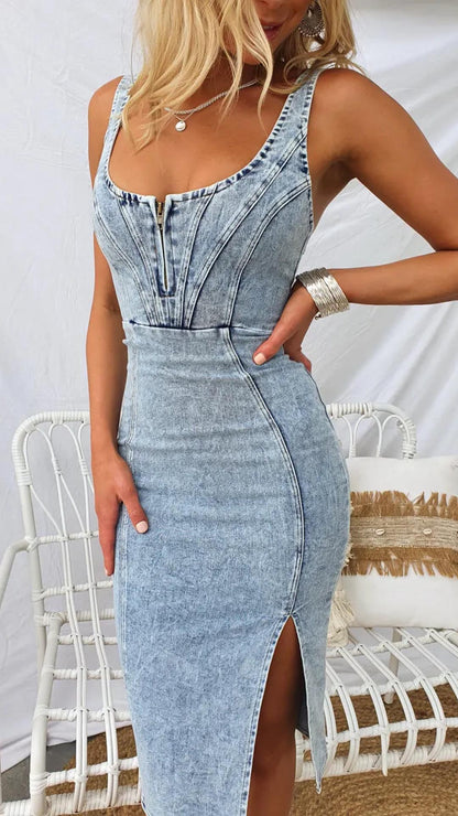 Robe midi en denim fendue et surpiquée Toperth