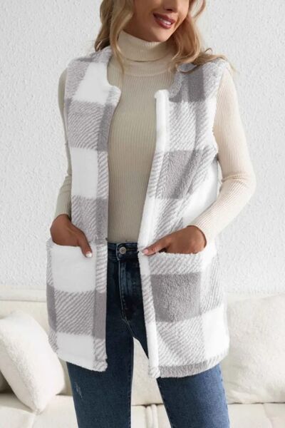 Manteau Gilet Sans Manches Ouvert sur le Devant en Plaid