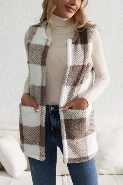 Manteau Gilet Sans Manches Ouvert sur le Devant en Plaid