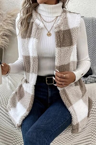 Manteau Gilet Sans Manches Ouvert sur le Devant en Plaid