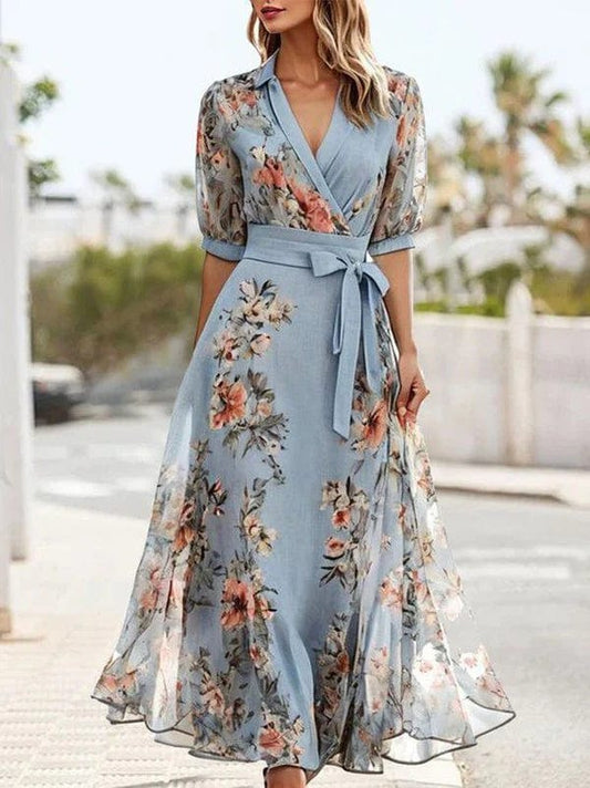 Victoria - robe midi bleue à manches courtes et col en V