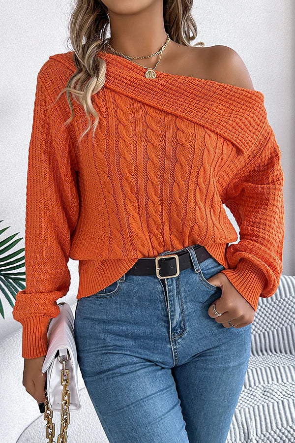 Sweater Tricoté Longue Manche À Une Épaule en Couleur Unie