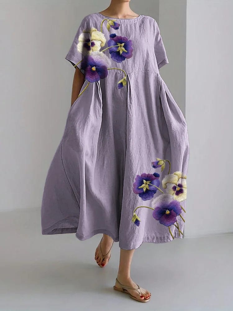 Sheyla - Classy Pansy Flowers Robe longue brodée en lin mélangé