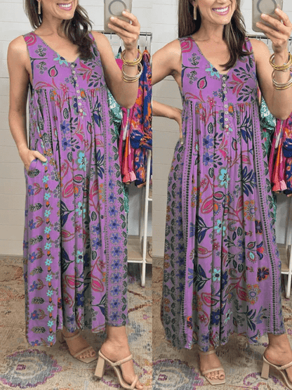 Vintage Floral Print Loose Sleeveless Jumpsuit