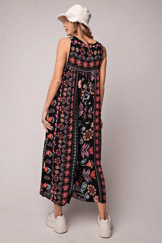 Vintage Floral Print Loose Sleeveless Jumpsuit