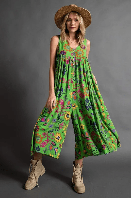 Vintage Floral Print Loose Sleeveless Jumpsuit