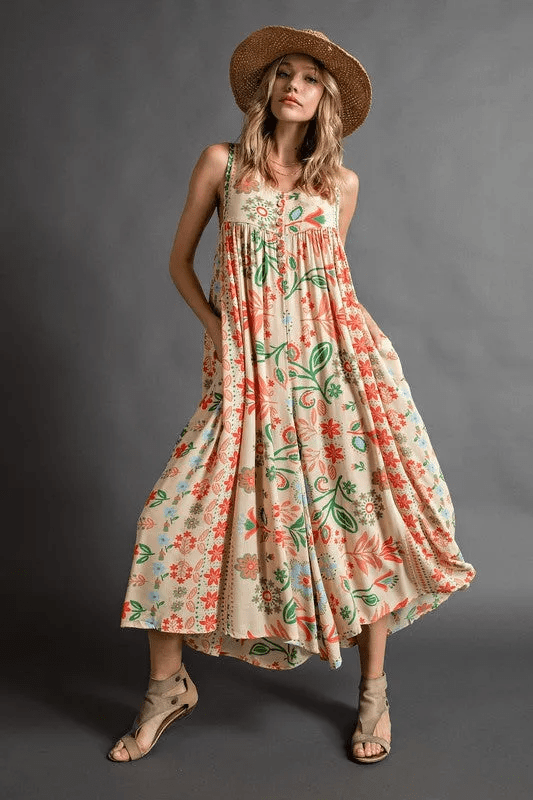 Vintage Floral Print Loose Sleeveless Jumpsuit