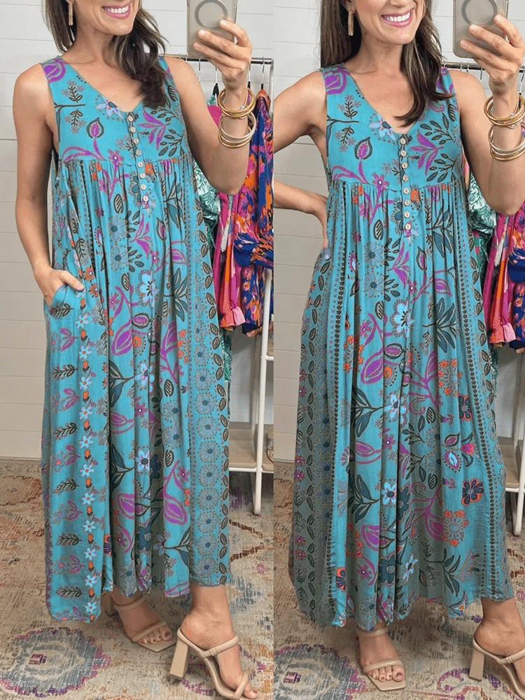 Vintage Floral Print Loose Sleeveless Jumpsuit