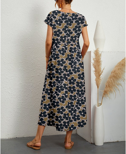Modern Floral Print Short Sleeve Midi Dress