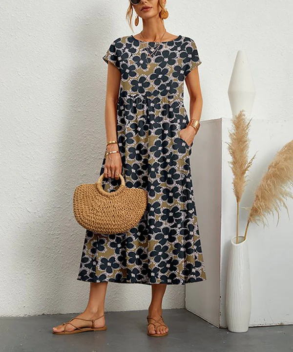 Modern Floral Print Short Sleeve Midi Dress