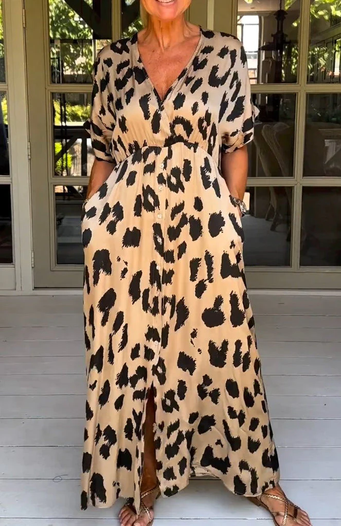 Robe maxi col V léopard sauvage