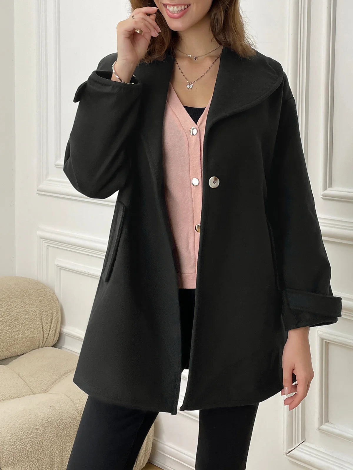 Coat Long en Laine avec Col Châle et Boutons pour Femme