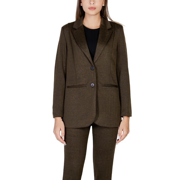 Ichi® Women's Black or Green Striped Jacket – Fall/Winter Elegant with Buttons and Lapel Collar