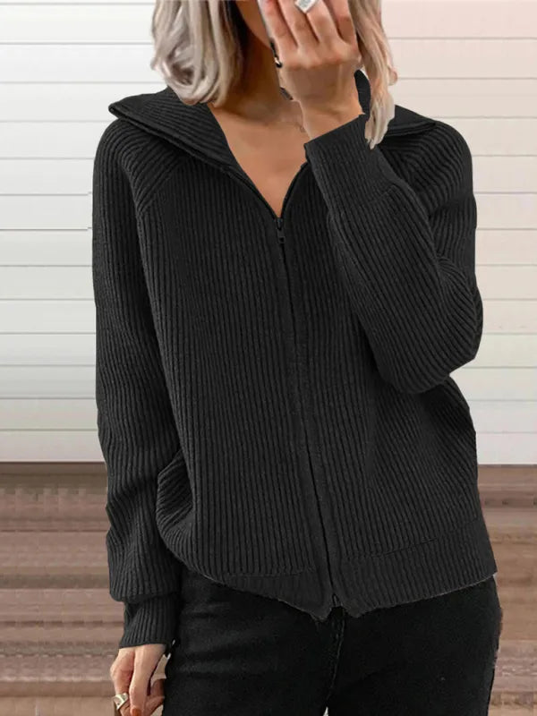 Cardigan Ample Tricoté avec Fermeture Éclair et Col à Revers pour Femme