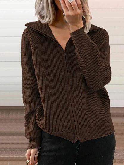 Cardigan Ample Tricoté avec Fermeture Éclair et Col à Revers pour Femme