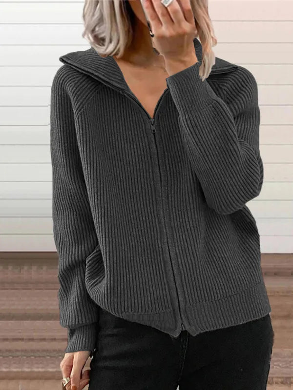 Cardigan Ample Tricoté avec Fermeture Éclair et Col à Revers pour Femme