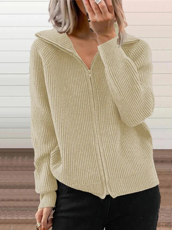 Cardigan Ample Tricoté avec Fermeture Éclair et Col à Revers pour Femme