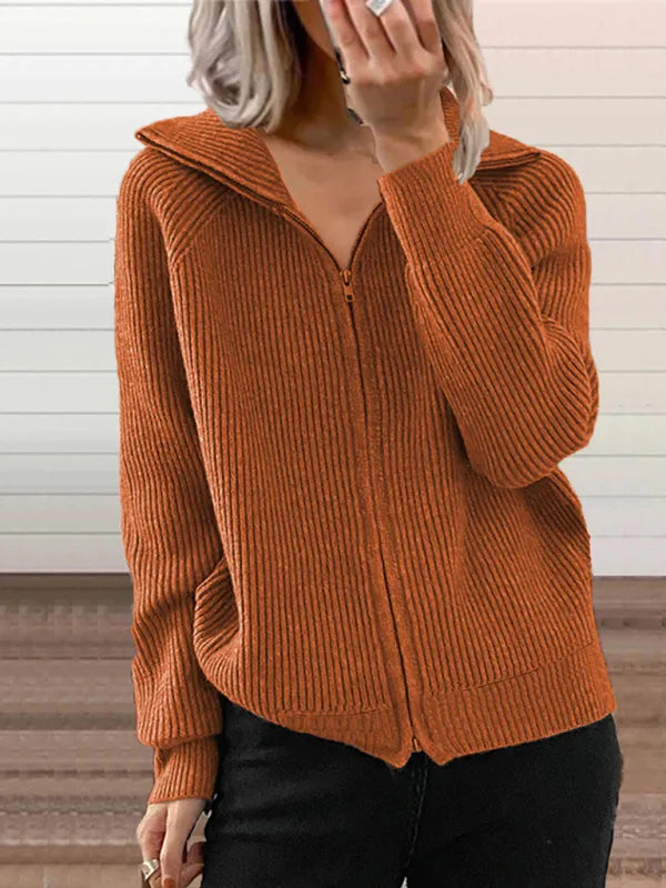 Cardigan Ample Tricoté avec Fermeture Éclair et Col à Revers pour Femme