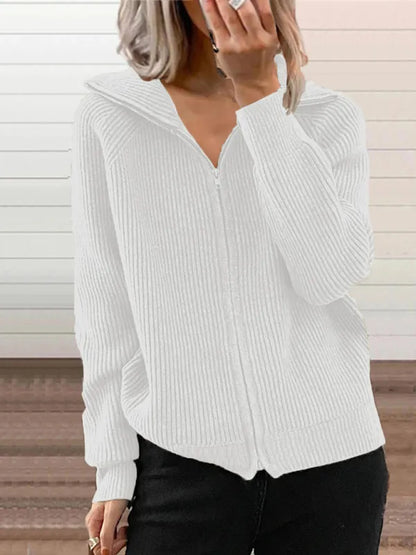 Cardigan Ample Tricoté avec Fermeture Éclair et Col à Revers pour Femme