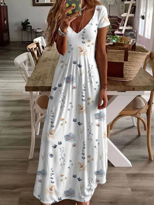 Anna - Robe longue à manches courtes, col en V et imprimé floral