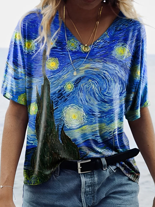 Van Gogh starry sky with printed V-neck T-shirt