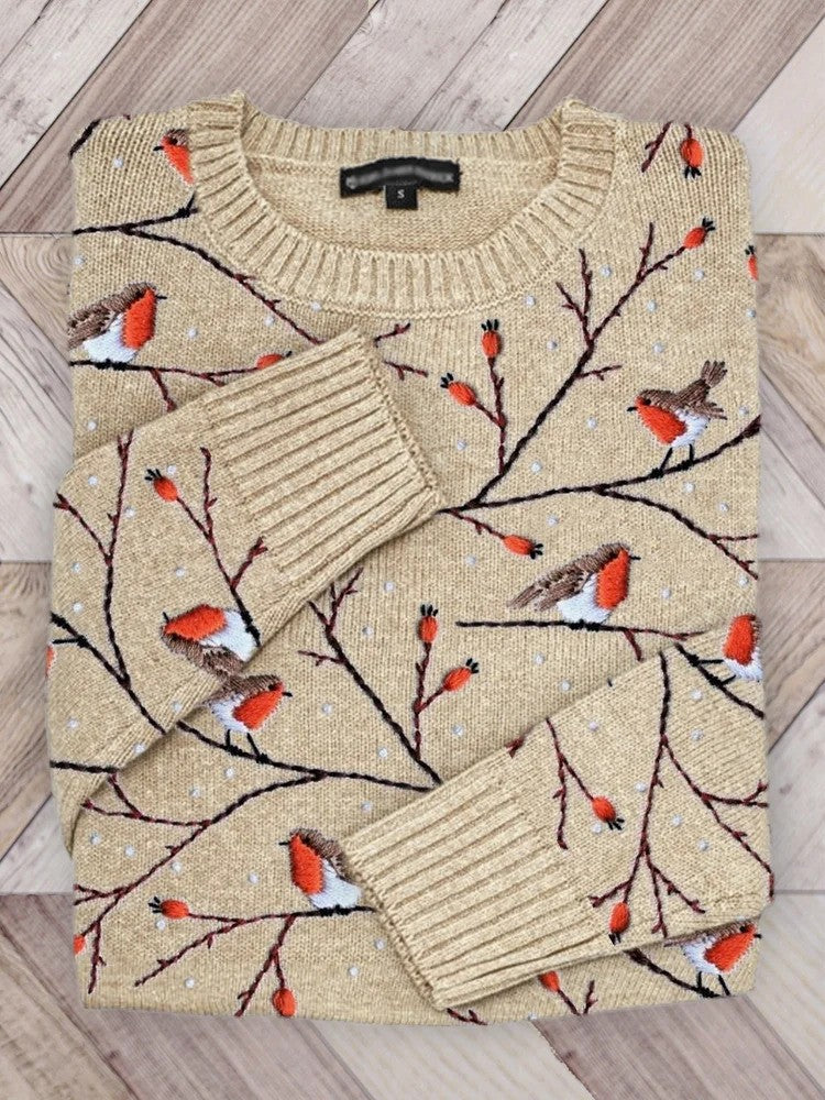 Noa - Pull tricoté douillet avec motif brodé d'un oiseau sur une branche