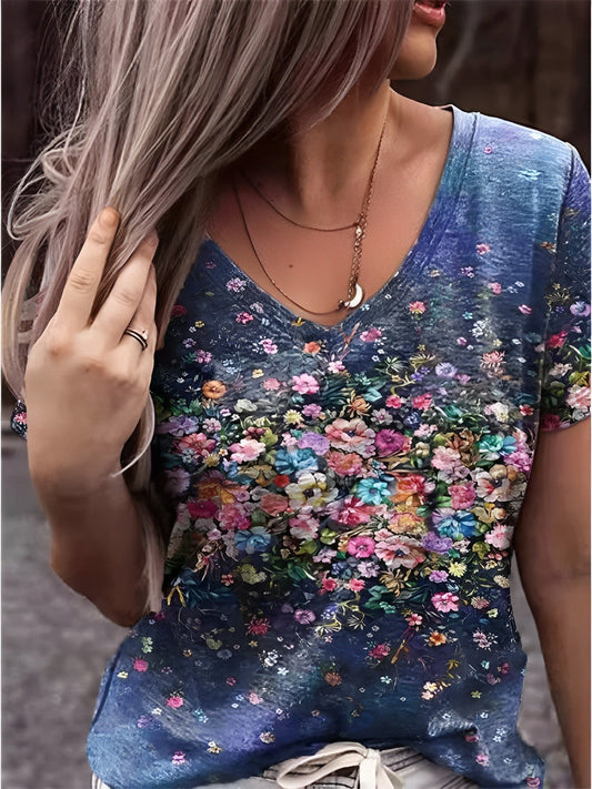 T-shirt à col en V imprimé d'art floral