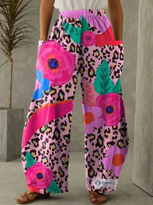 Pantalon large à taille élastique pour femmes avec peinture artistique florale rose, pantalon long décontracté