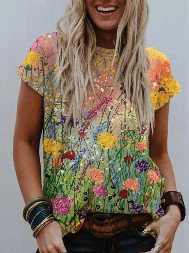 T-shirt confortable avec peinture d'art floral