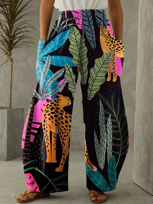 Pantalon large à taille élastique pour femmes avec peinture artistique de léopard, pantalon long décontracté