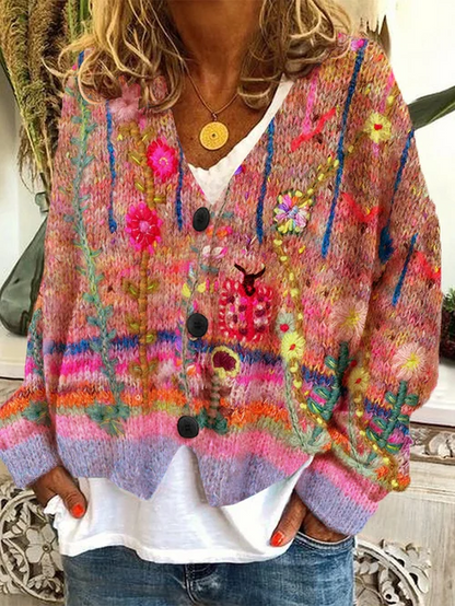 Fiona - Cardigan flanelle rétro en fausse laine imprimée pour femmes, décontracté, ample et boutonné